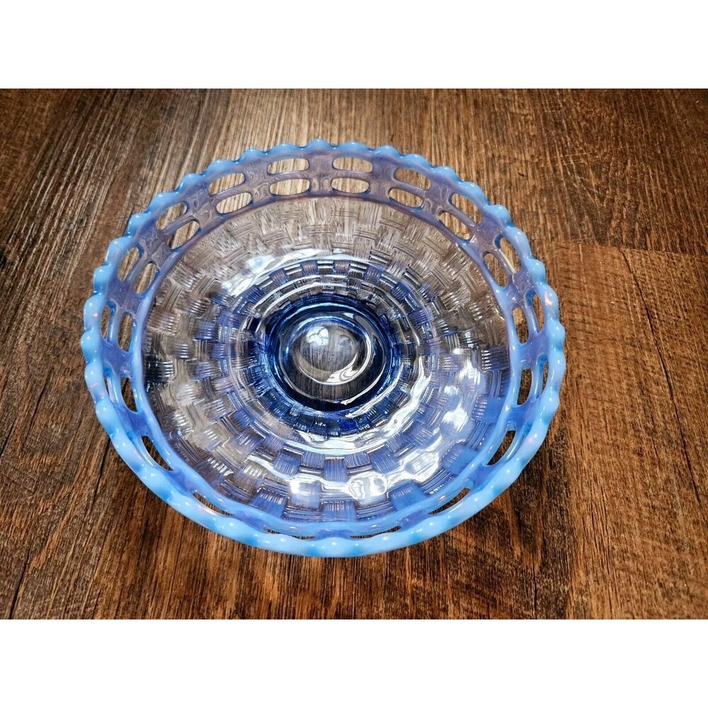 Vintage Fenton Opulescent Blue Basket Weave Bowl
